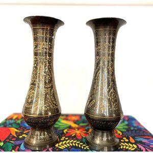 Vintage Hand-Etched Brass Vase – Home Decor, Boho Accent